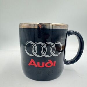 Audi Coffee Mug Unisex Black Silver Red Logo Metallic Rim Ceramic Cup